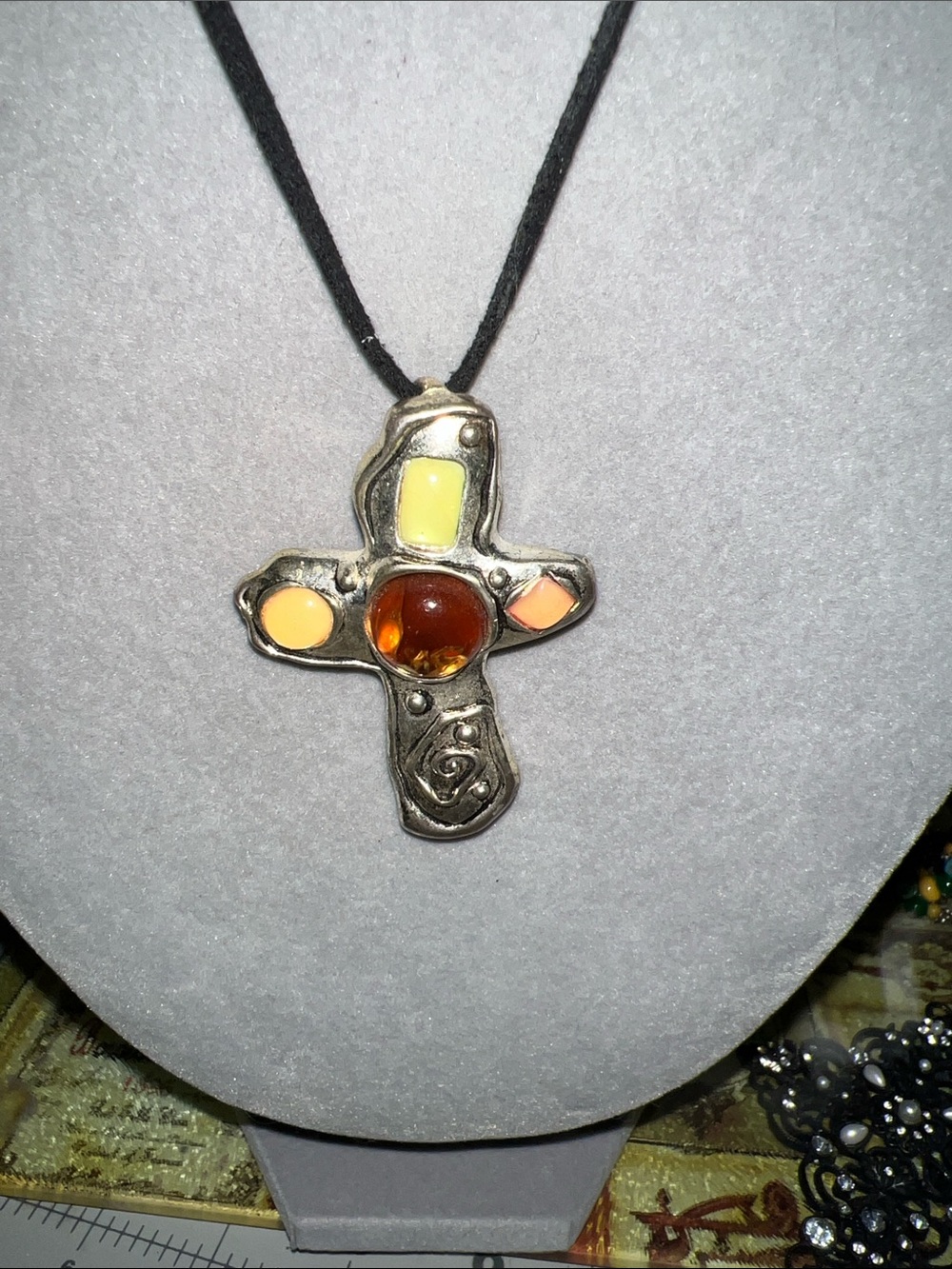 Vintage Lea Sophia mixed-stone cross pendant necklace.